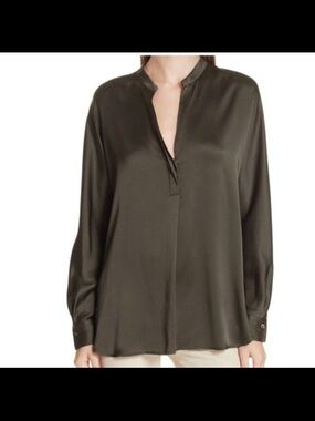 Vince 100% Silk Band-Collar Dark Olive Long Sleeve Minimalist Blouse Size M